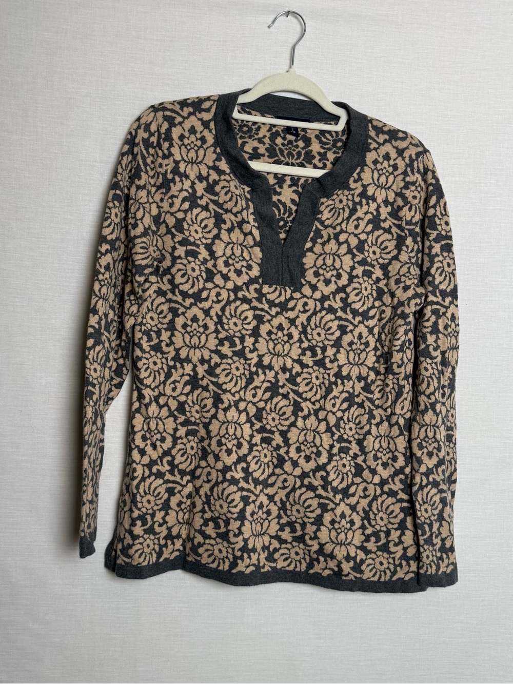 Lands’ End Womens L 14-16 Floral Jacquard Sweater Cotton Tunic Gray Tan
